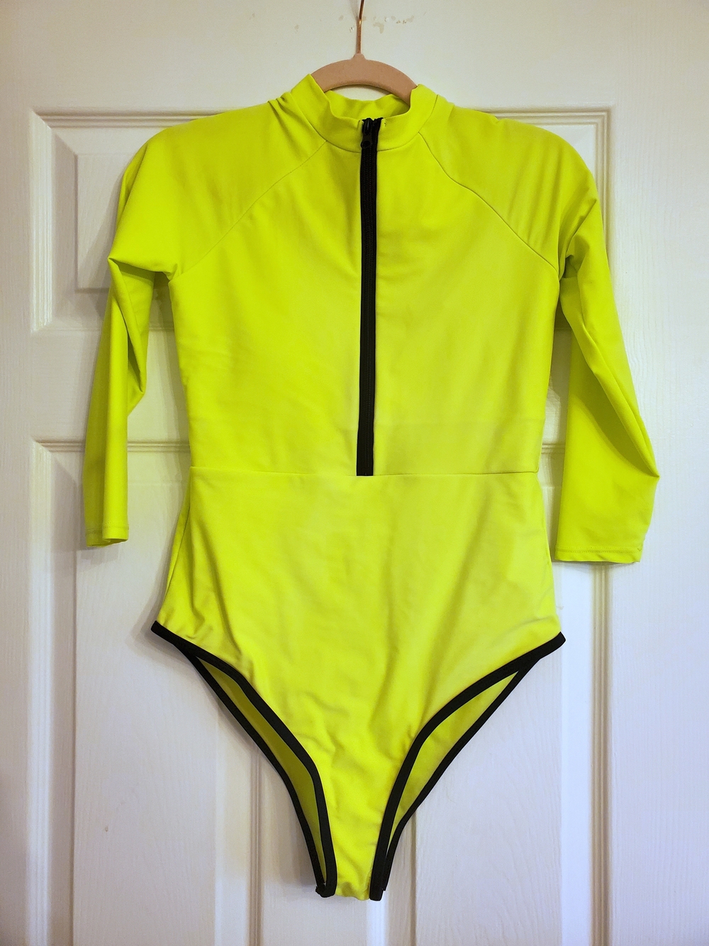 SHEIN Neon Yellow Long-Sleeve Zip-Front One-Piece Swimsuit with Black Trim